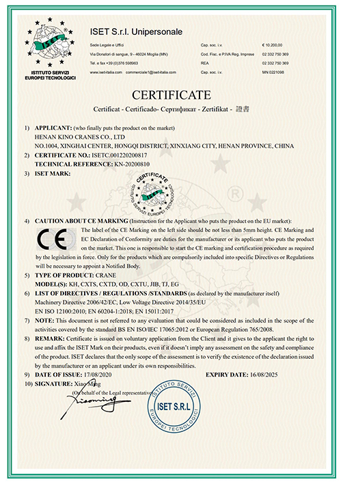 KINO CRANES CE Certification